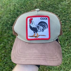 Goorin Bros Trucker Hat C0ck Rooster Snap Back Faux Leather Tan Brown